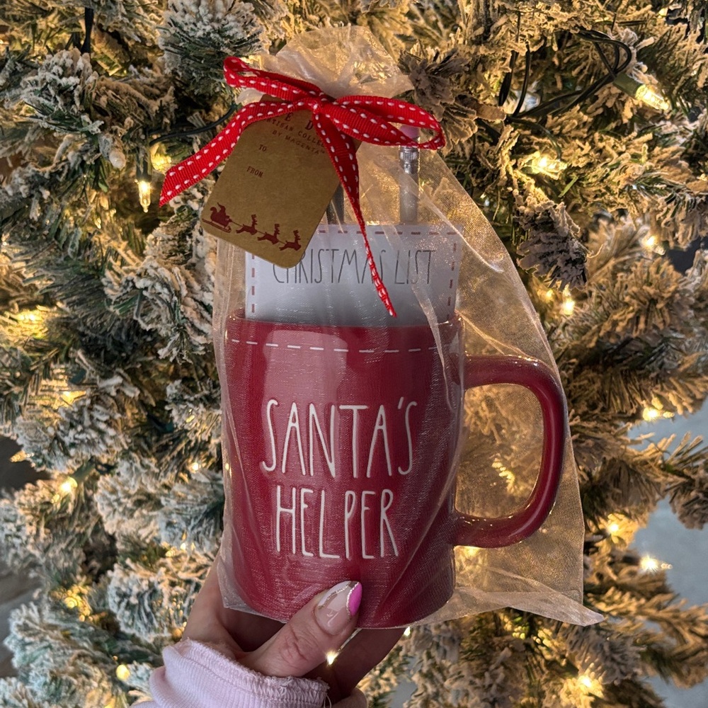 Rae Dunn Santa's Helper Red Mug Gift Set Notepad Pencils NWT